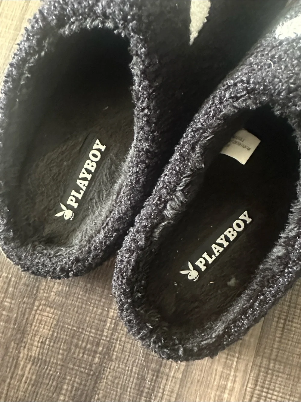 PLAYBOY Memory Foam Black Slippers with White Bunny